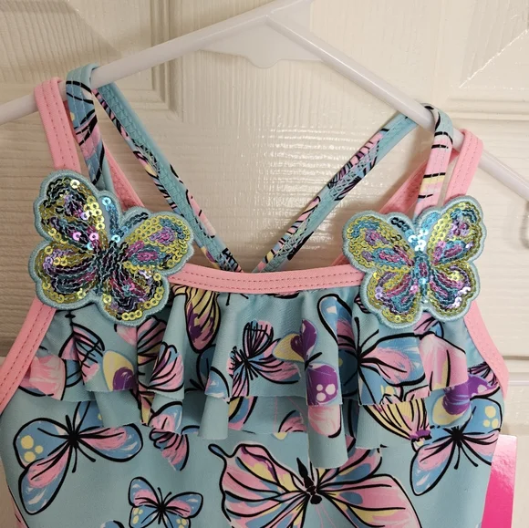 Betsey Johnson Pink Blue Girls Kids Toddler Size T2 Butterfly Swimsuit Sequins - Picture 8 of 9